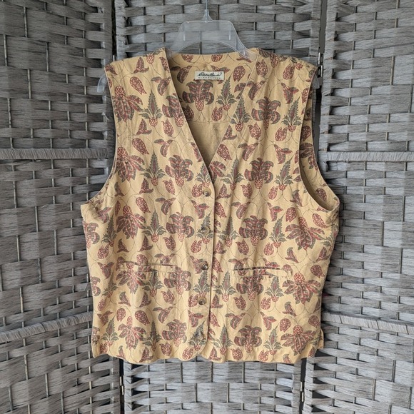 Eddie Bauer Jackets & Blazers - Vtg 90s Eddie Bauer Vest Tan Floral Botanical Print Button Up Womens Sz L Boho
